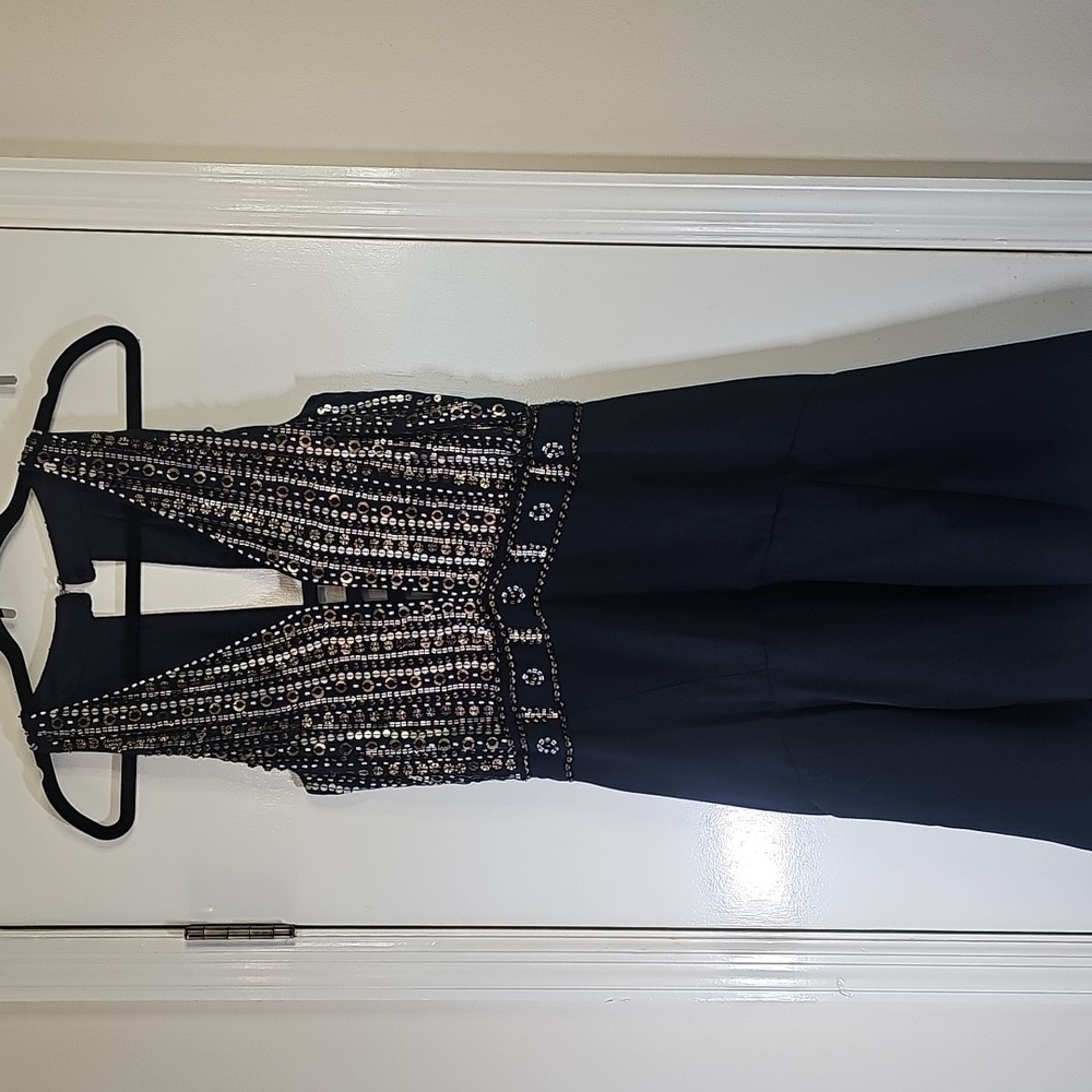 Chelsea & Violet Black/Navy Blue Halter Dresser w/Embellishments-Size: Large  Br